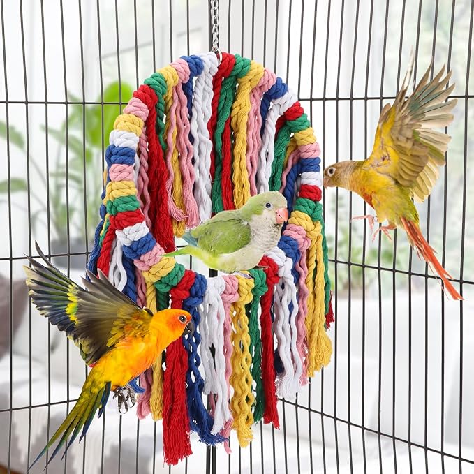 Wontee Bird Rope Chewing Toys Parrot Cage Bite Toys Colorful Hanging Ring Swing - Image 2