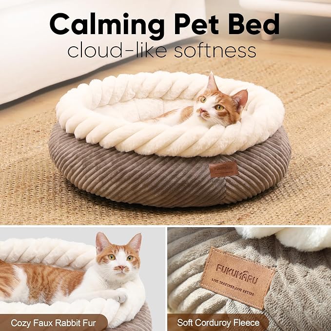 FUKUMARU Cat Bed, Calming Donut Dog Beds, Plush Faux Fur&Corduroy Kitten Beds - Image 3
