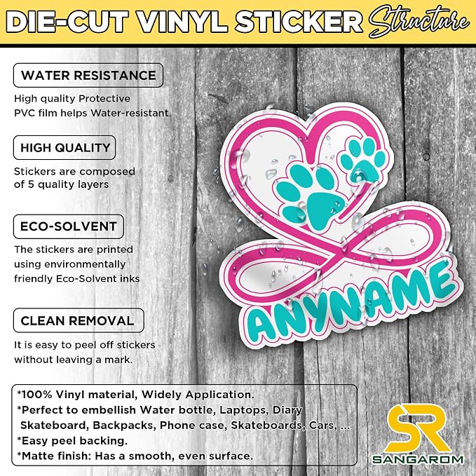 Custom Pet Name Sticker Personalized Text Infinity Heart Pawprint Animal Lovers - Image 4