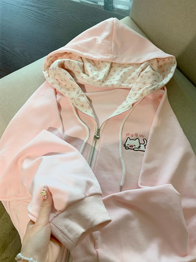 Womens Y2K Zip Up Cute Graphic Hoodies Cat Ears Casual Cartoon Harajuku Kawaii - Image 2