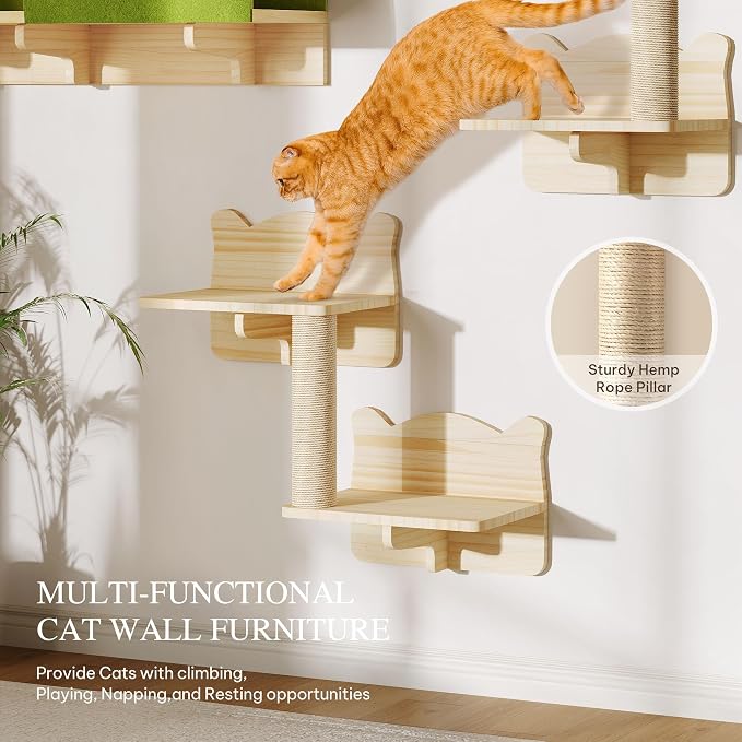 7-in-1 Cat Wall Shelves and Perches, Floating Cat Shelves Set, Solid Wood Wall - Image 3