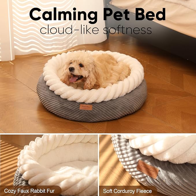 FUKUMARU Dog Bed, Calming Donut Dog Beds, Plush Faux Fur&Corduroy Cat Beds - Image 3