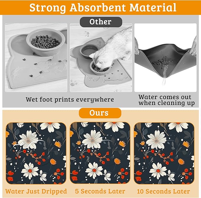 Floral Black Feeding Mat, Absorbent Quick-Dry Cat Dog Food and Water Bowl Mats - Image 3