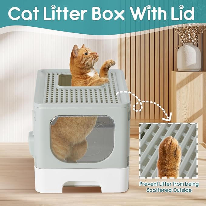 OLIXIS Cat Litter Box with Lid, Large Foldable Cat Box with Litter Scoop - Image 3