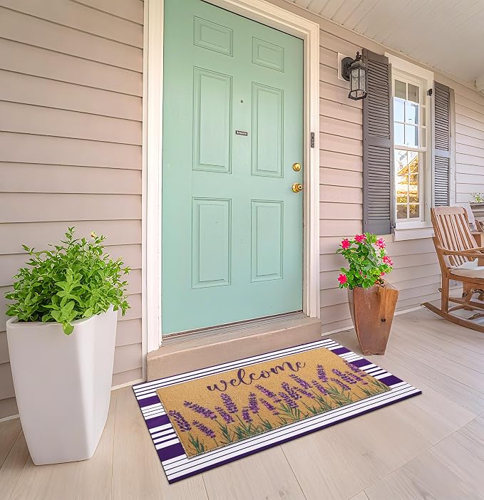 Tinideya 2 Pcs Lavender Door Mat Purple and White Stripe Welcome Non Slip Coir - Image 5
