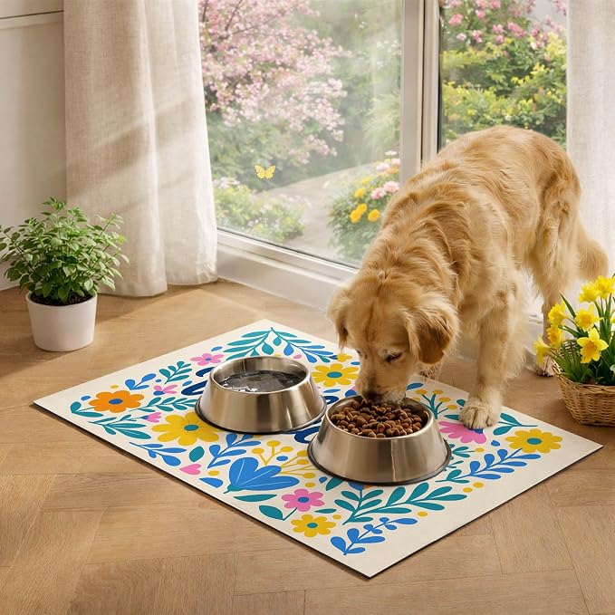 Spring Pet Feeding Mat 24" x 16" Colorful Welcome Floral Design Non Slip Dog - Image 3