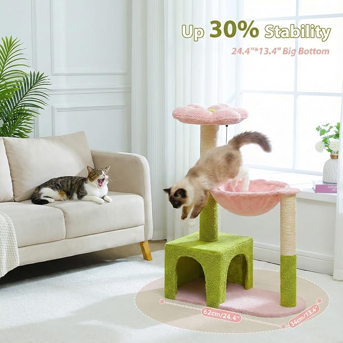 Flower Cat Tree with Large Metal Frame Hammock, Cat Condo with Pink Top Perch - Image 3