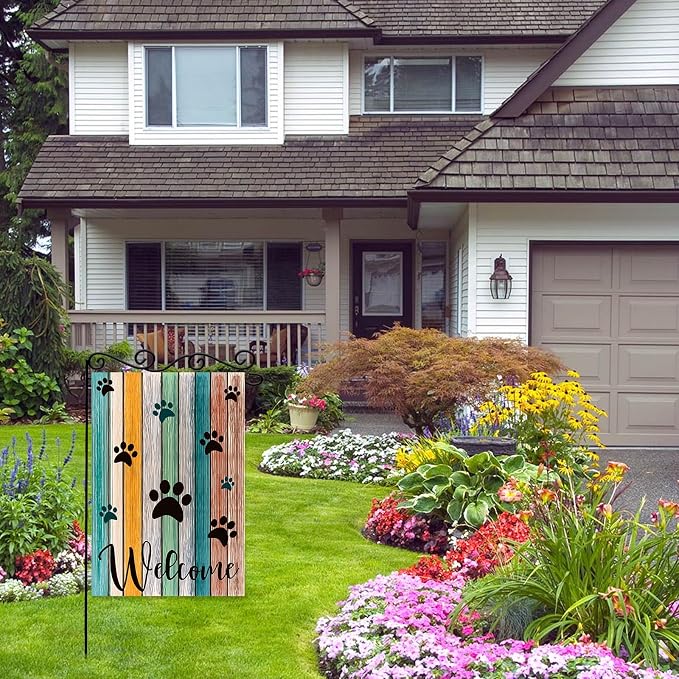 Welcome Paw Garden Flag, Welcome Spring Summer Garden Flag Colorful Footprint - Image 3
