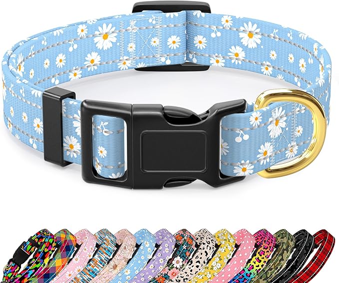 Reflective Dog Collar for Medium Dogs, Cute Daisy Theme Adjustable Heavy-Duty by TMOODEL