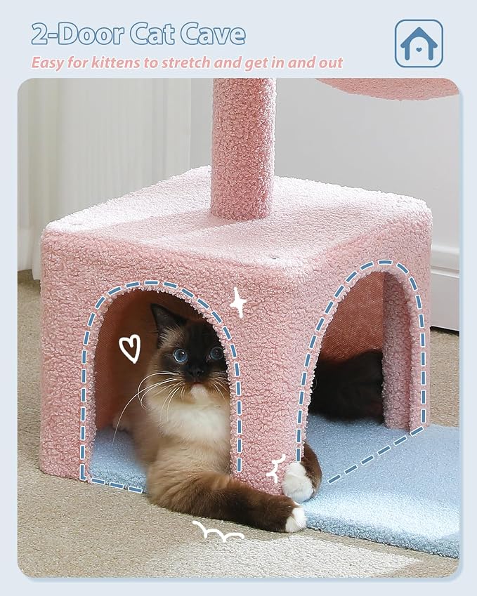 Flower Cat Tree with Large Metal Frame Hammock, Cat Condo with Blue Top Perch - Image 6