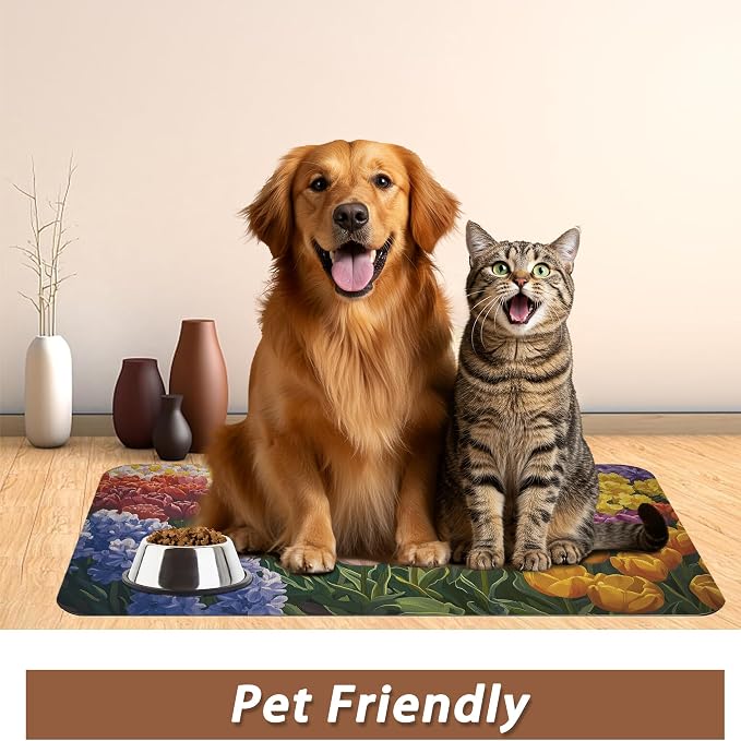 Tulip Lavender Pet Feeding Mat, Vintage Flower Fields Absorbent Quick-Dry Cat - Image 6