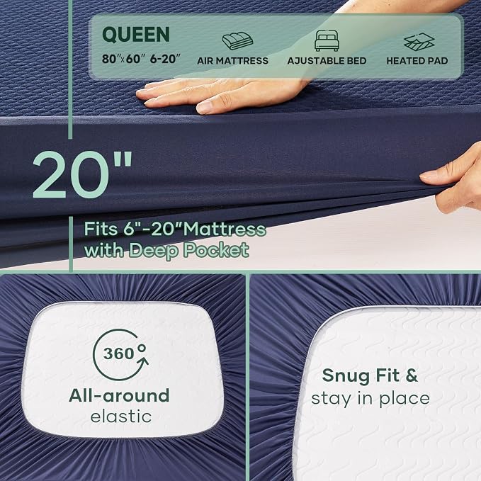 OhGeni 100% Waterproof Mattress Protector, Queen-Navy Blue Size Mattress Pad - Image 2