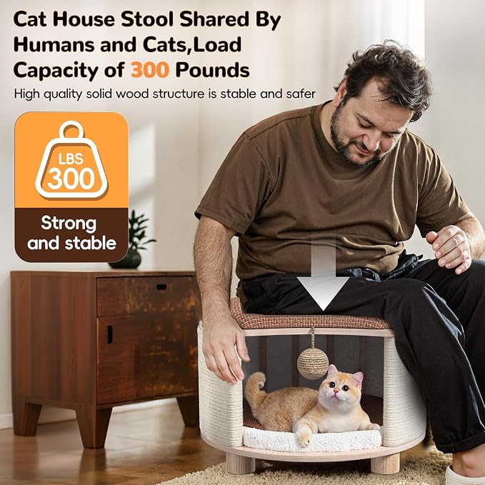 Solid Wood Cats House Stool, 300-lb Capacity. Large Cat Bed Cave - Image 3