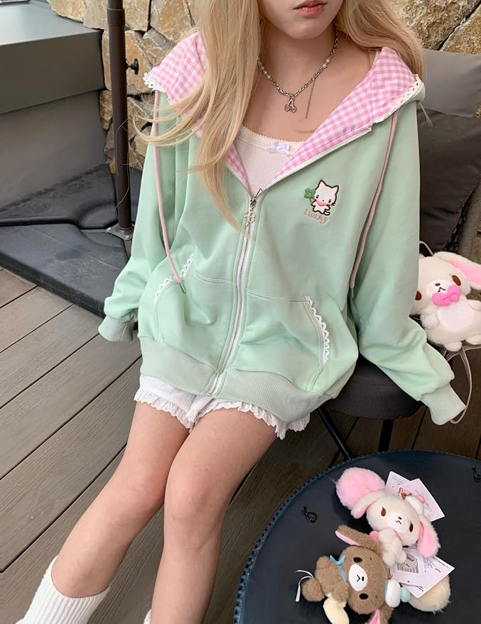 Womens Y2K Zip Up Cute Graphic Hoodies Cat Ears Casual Cartoon Harajuku Kawaii - Image 3