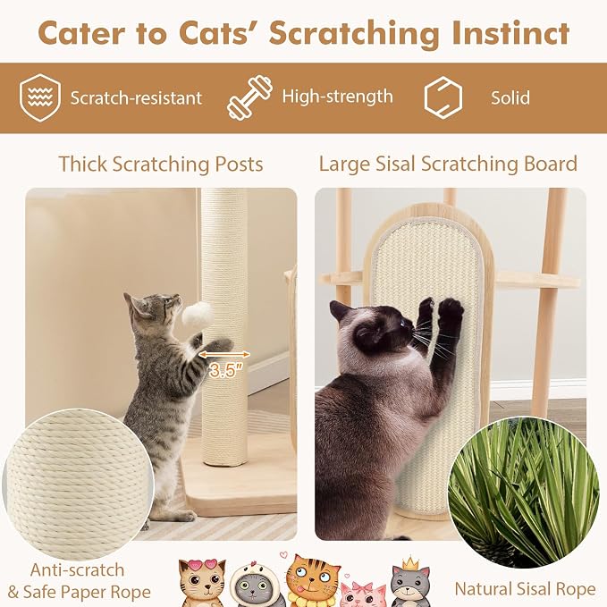 Tangkula Wood Cat Tree for Indoor Cats, Padded Perch, Hanging Toy, Minimalist - Image 6