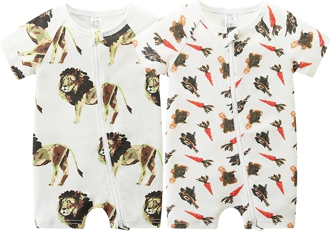 Unisex Summer Trendy 2-Pack Rompers Short Sleeve Zipped Bodysuit Infant Cotton by JingleBaBa