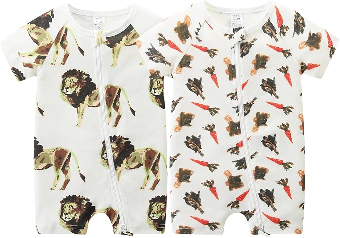 Unisex Summer Trendy 2-Pack Rompers Short Sleeve Zipped Bodysuit Infant Cotton by JingleBaBa