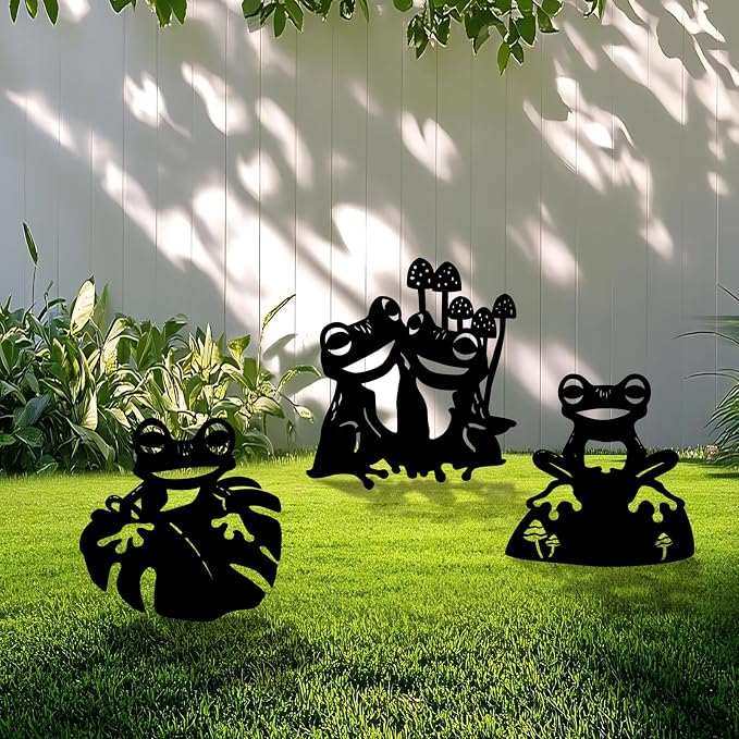 3 Pack Frog Metal Garden Decorative Stakes, Weather Proof Silhouette Statues by Yonisungardenandoutdoor