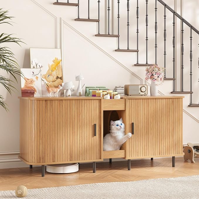 Double Litter Box Enclosure for 2 Cats, Large Indoor Cat House by Halitaa