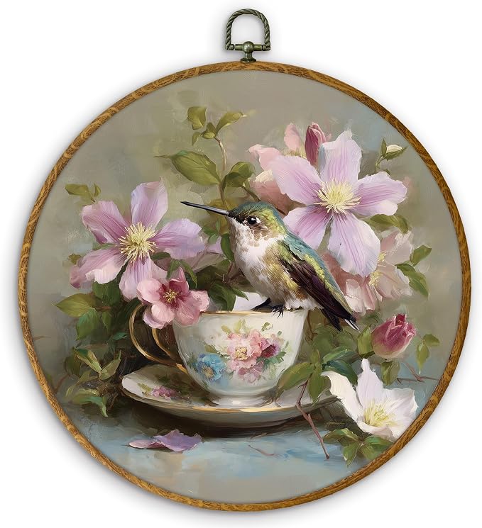 DILSJ Vintage Hummingbird Round Oval Wall Art Decor, Country Flower Bird Canvas by DILSJ