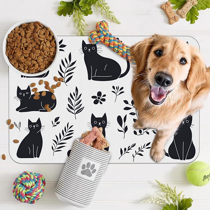 Cute Black Flower Dog Cat Food Mat, Absorbent Pet Feeding Mat - Image 7