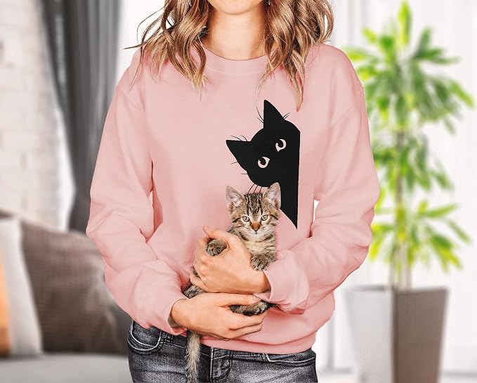 FRYAID Cat Sweatshirt Women Funny Black Cat Graphic Sweater Casual Cat Crewneck - Image 2