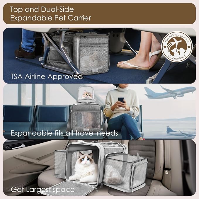 Top and 2 Sides Expandable Pet Carrier 17x11x9.5, TSA Airline Approved Small - Image 2