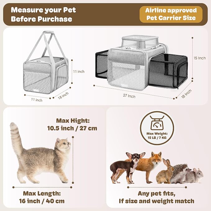 Top and 2 Sides Expandable Cat Carrier 17x11x11, TSA Airline Approved Dog - Image 4