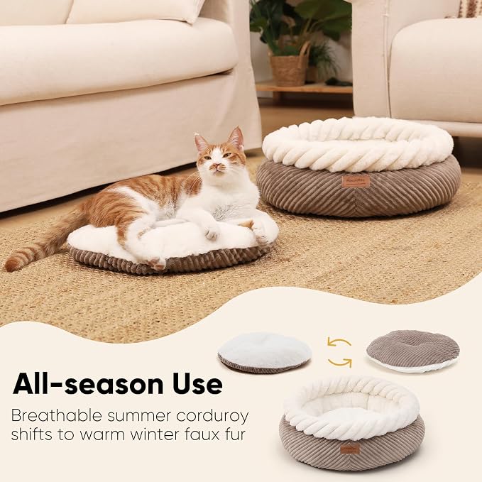 FUKUMARU Cat Bed, Calming Donut Dog Beds, Plush Faux Fur&Corduroy Kitten Beds - Image 5