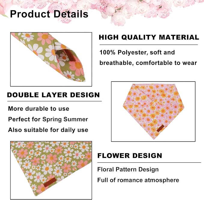 ADOGGYGO Floral Dog Bandanas 2 Pack, Daisy Flower Pet Scarf, Premium Fabric - Image 5