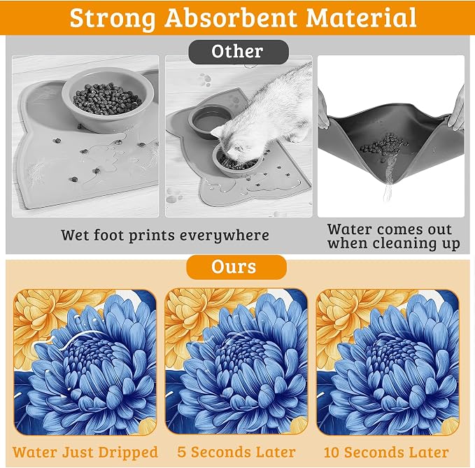 Blue Yellow Flowers Dog Food Mat, Absorbent Pet Feeding Mat - Image 3