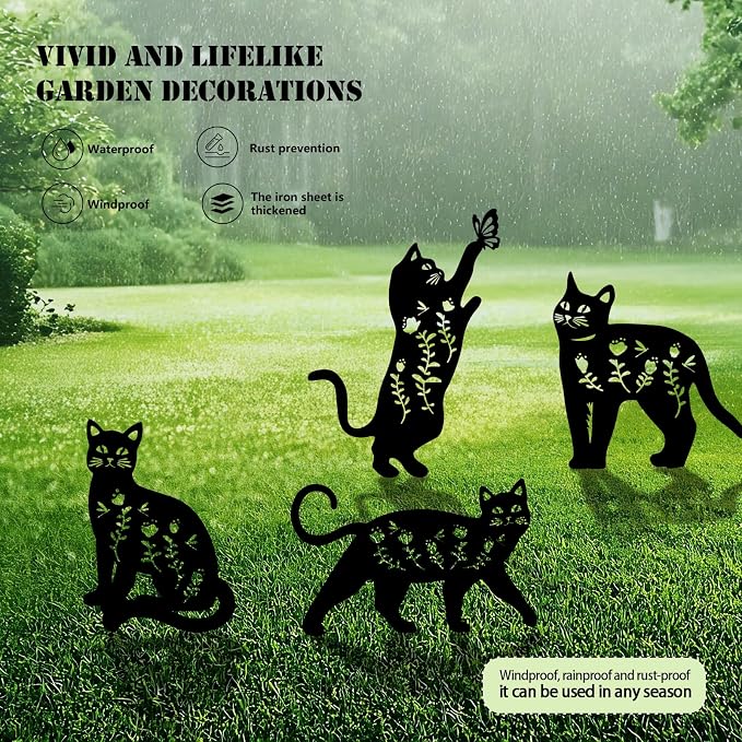 4 Pack Cat Metal Garden Decorative Stakes, Weather Proof Silhouette Statues - Image 3