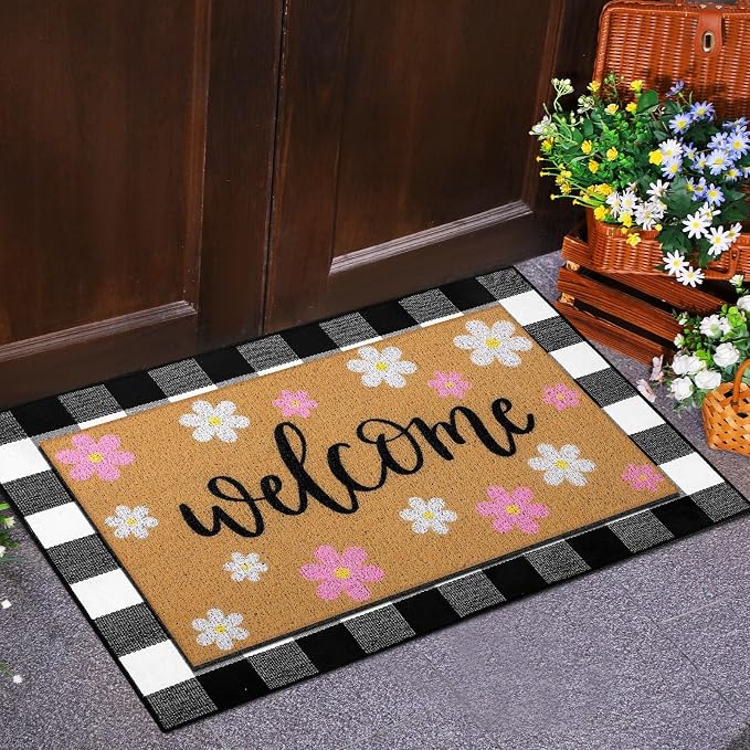 Tinideya 2 Pcs Spring Welcome Door Mat Outdoor Pink Flower Doormats - Image 4