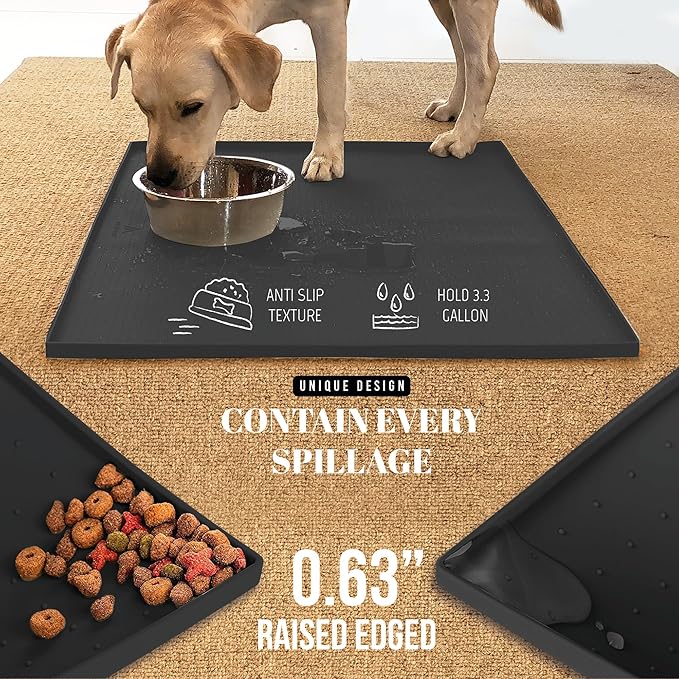 AVERYDAY 100% Waterproof Thicker Silicone Dog Food Mat, 0.63'' Raised Edge Bowl - Image 3