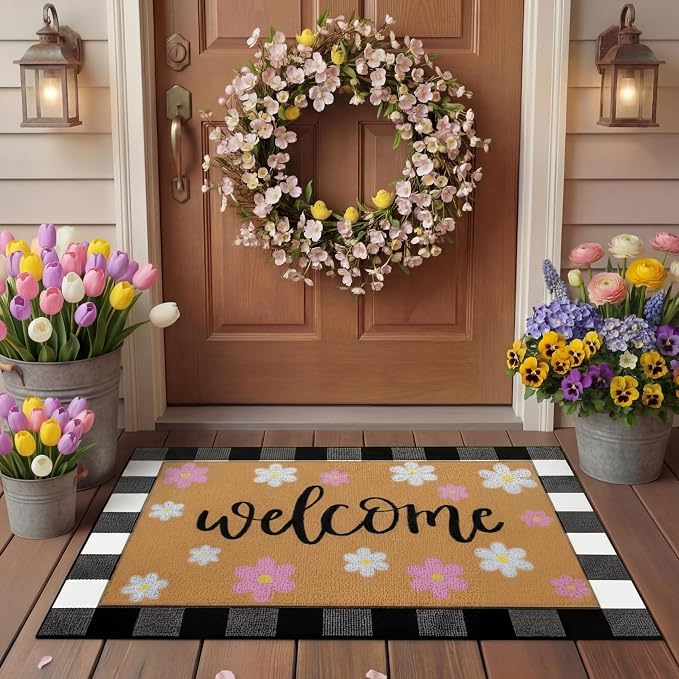 Tinideya 2 Pcs Spring Welcome Door Mat Outdoor Pink Flower Doormats by Tinideya