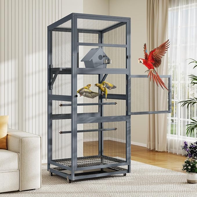 Coziwow 68" H Large Wood Bird Cage on Wheels, Outdoor Bird Aviary Indoor Wooden - Image 7