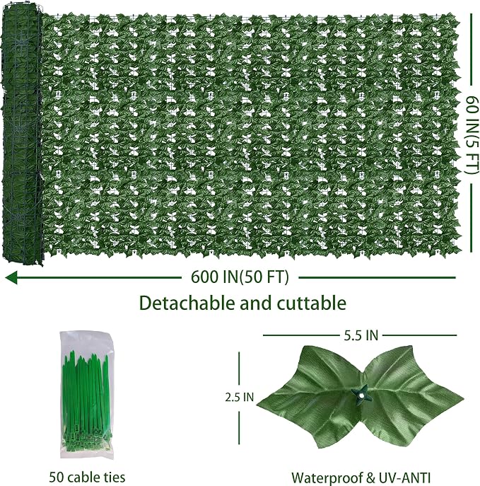 Artificial Fence Privacy Screen: 5FT x 50FT UV-Anti Faux Greenery Backdrop Ivy - Image 2