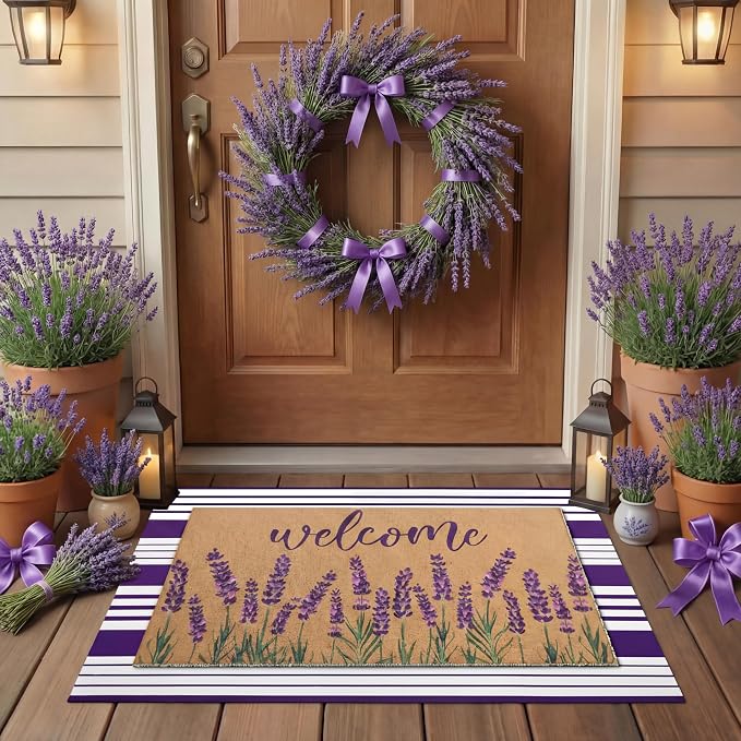 Tinideya 2 Pcs Lavender Door Mat Purple and White Stripe Welcome Non Slip Coir by Tinideya