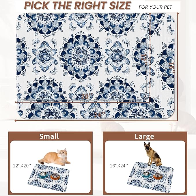 Mandala Flower Dog Food Mat for Floors, Cat Dog Bowl Mats for Food and Water - Image 2