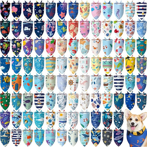 100 Pcs Ocean Dog Bandanas Bulk Pet Bibs Colorful Triangle Pet Ocean Scarf by Huhumy