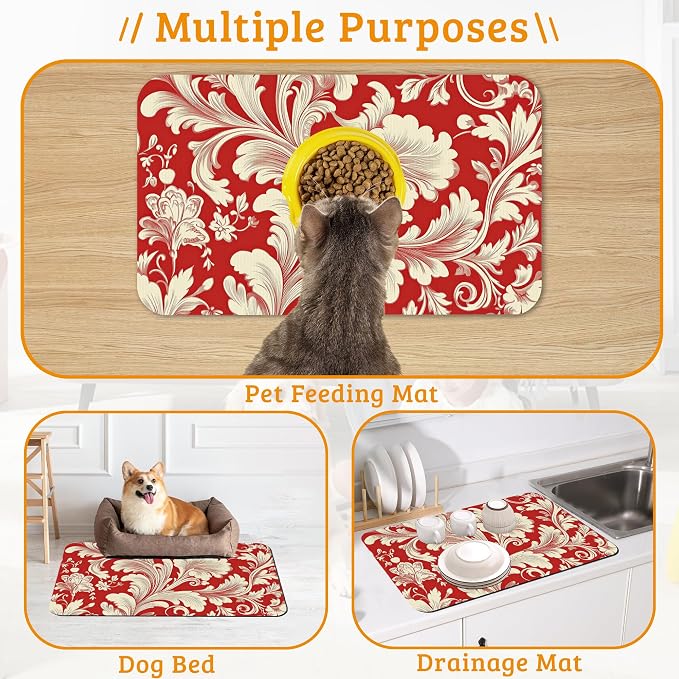 Red White Flower Feeding Mat, Paisley Absorbent Quick-Dry Cat Dog Food and - Image 7