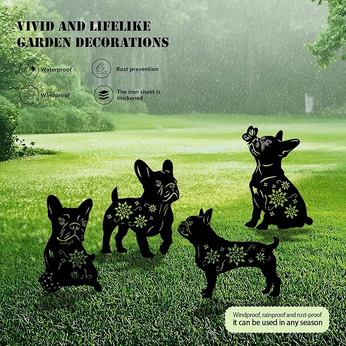 4 Pack Bulldog Metal Garden Decorative Stakes, Weather Proof Puppy Silhouette - Image 3