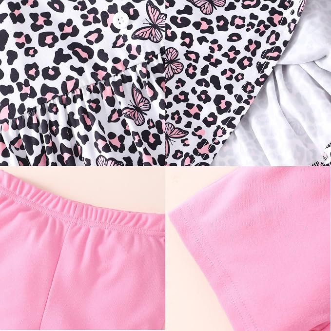 Toddler Baby Girls Summer Clothes Outfits Ruffled Sleeve Dinosaur Shirt Leopard - Image 6