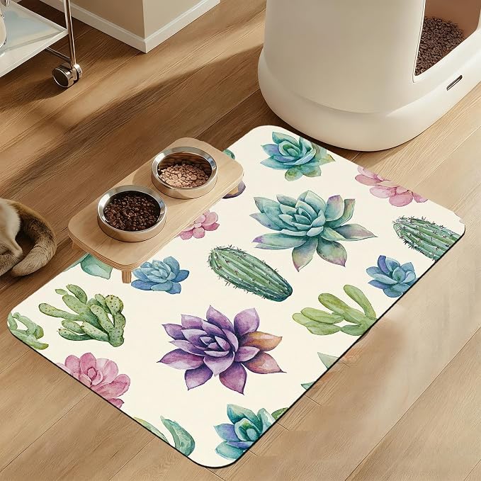 Cactus Flower Pet Feeding Mat for Floors–Christmas Stocking Absorbent Quick Dry by LUTASER