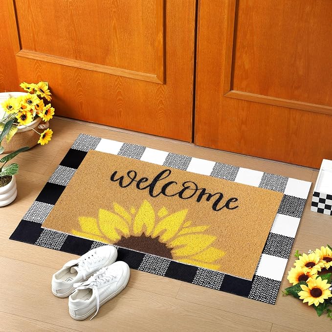 Tinideya 2 Pcs Summer Door Mat Sunflower Welcome Non Slip Coir Mats Floral - Image 3