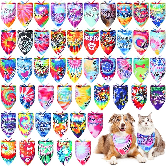 50 Pcs Tie Dye Dog Bandanas Bulk Pet Bibs Colorful Triangle Scarf Tie Dye by Huhumy
