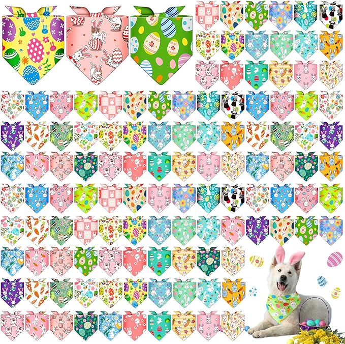 Sanwuta 120 Pcs Easter Dog Bandanas Bulk Rabbits Patterns Bandanas by Sanwuta