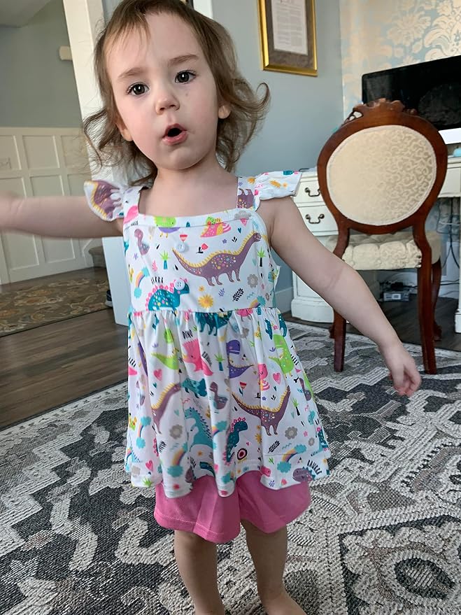 Toddler Baby Girls Summer Clothes Outfits Ruffled Sleeve Dinosaur Shirt Leopard - Image 2