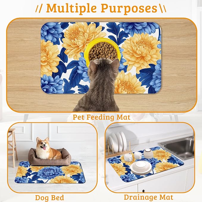 Blue Yellow Flowers Dog Food Mat, Absorbent Pet Feeding Mat - Image 7