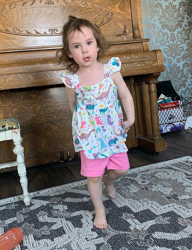 Toddler Baby Girls Summer Clothes Outfits Ruffled Sleeve Dinosaur Shirt Leopard - Image 3